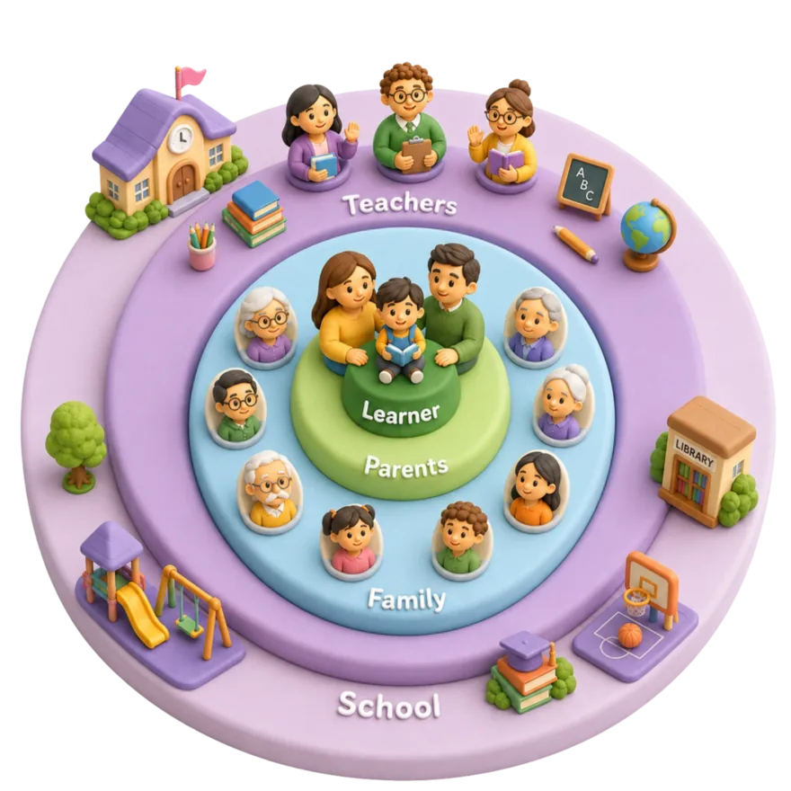 A learner at the center, ringed outward by parents, family, teachers, and the wider world of school.
