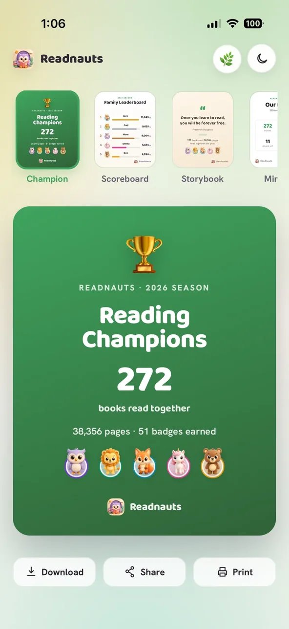 A shareable Reading Champions brag poster