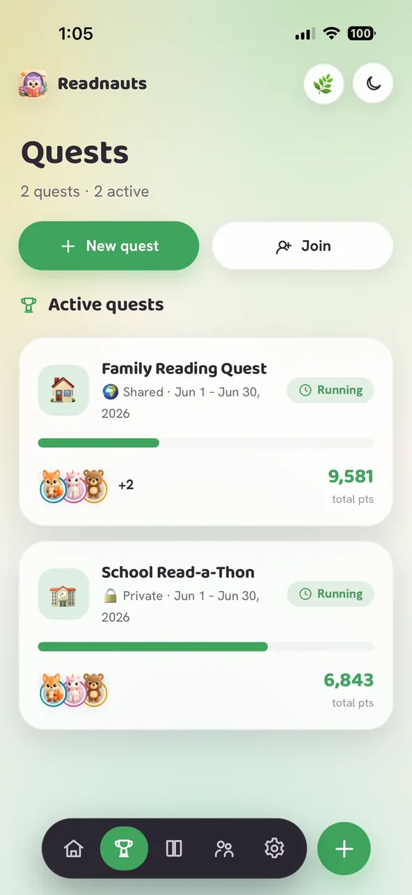 Shared family reading quests